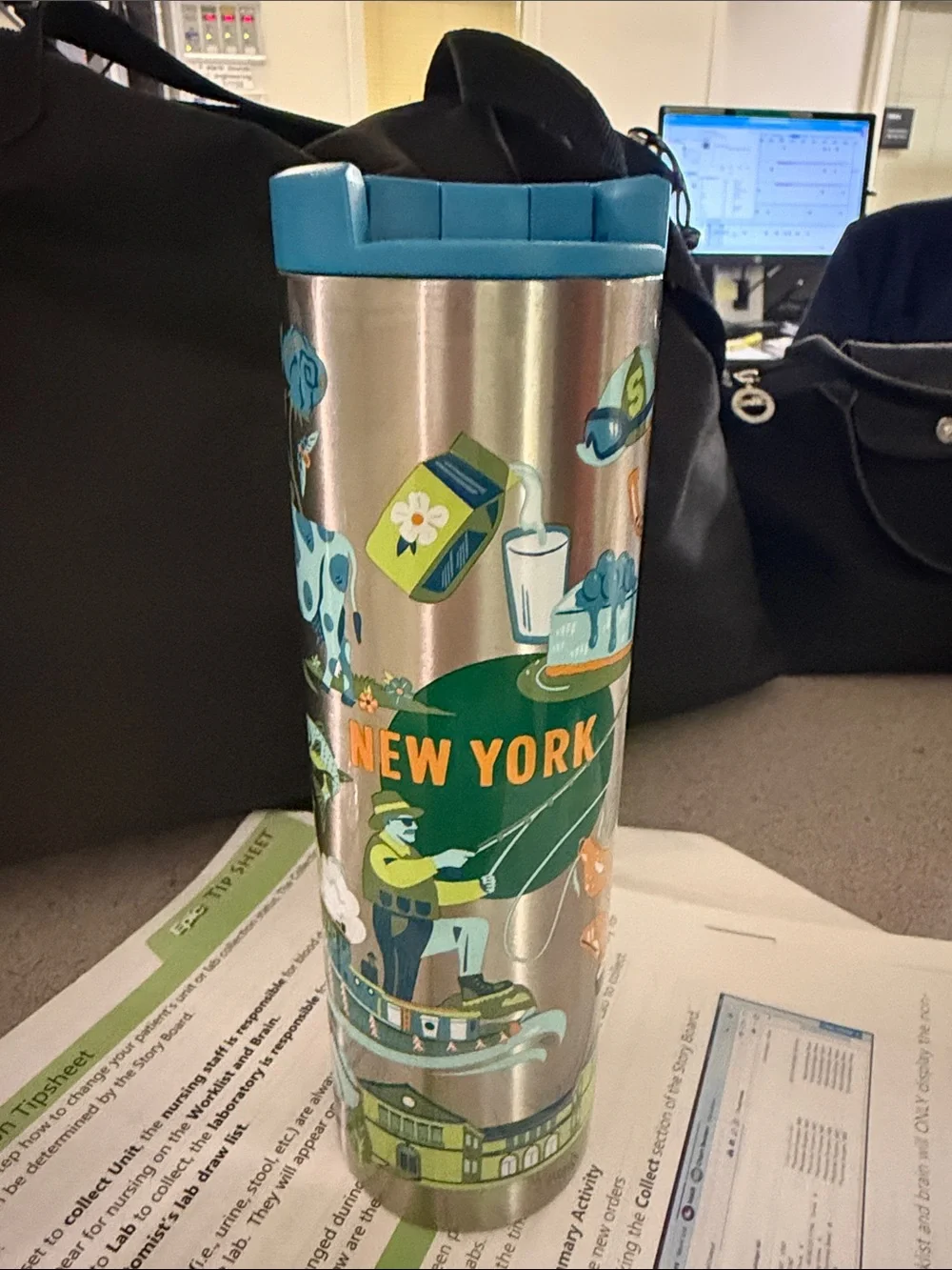 Starbucks Stainless Steel Tumbler with Teal Lid and Multicolor New York Artwork